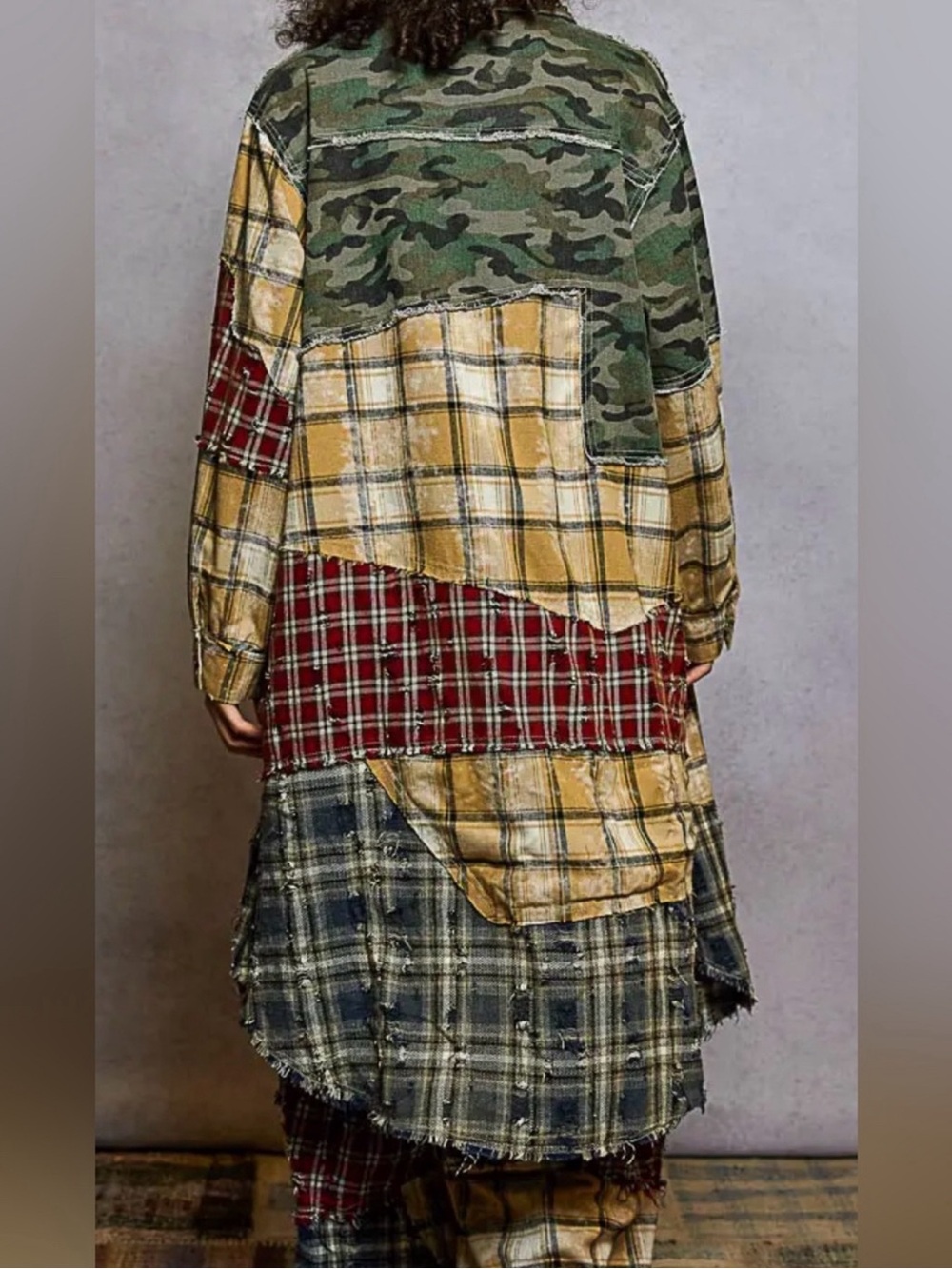 POL Patchwork Plaid & Camo Wide Leg Pants and Midi Duster Set - Picture 5 of 8